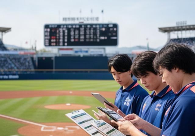 国際野球大会の会場で試合進行表を確認する運営スタッフと球場のスコアボード